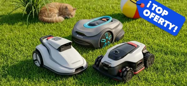 Trzy roboty koszące znajdują się na zielonej trawie, obok leży piłka plażowa i śpi kot. W prawym górnym rogu widnieje napis: i top oferty!