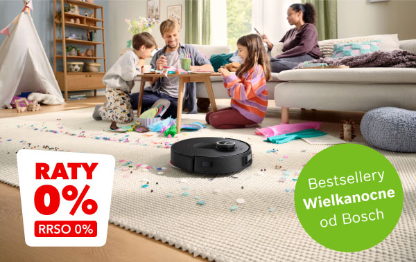 Na zdjęciu widać odkurzacz automatyczny na jasnym dywanie, wokół którego leżą kolorowe konfetti. W lewym dolnym rogu znajduje się napis RATY 0% RRSO 0%, a w prawym dolnym rogu zielone koło z tekstem Bestsellery Wielkanocne od Bosch.