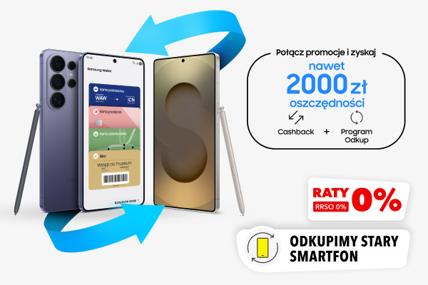 Dwa smartfony z rysikami, jeden z wyświetlaczem aplikacji, drugi z abstrakcyjną grafiką, otoczone niebieskimi strzałkami. Obok widnieją teksty: Połącz promocje i zyskaj nawet 2000 zł oszczędności, Cashback, Program Odkup, Raty RRSO 0%, Odkupimy stary smartfon.