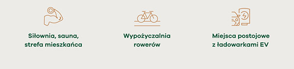 Siłownia, sauna, strefa mieszkańca, Wypożyczalnia rowerów, Miejsca postojowe z ładowarkami EV