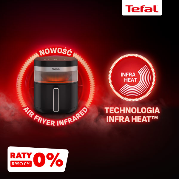 Czarna frytkownica z napisem: Nowość. Air Fryer Infrared otoczona czerwonymi efektami świetlnymi, a obok niej widnieje napis: Technologia Infra Heat™ z symbolem fal. W lewym dolnym rogu znajduje się informacja: Raty 0% RRSO 0%.