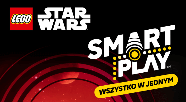 Logo LEGO® Star Wars na czarnym tle z czerwonymi, koncentrycznymi okręgami. Obok widnieje napis: Smart Play™ oraz hasło: Wszystko w jednym.