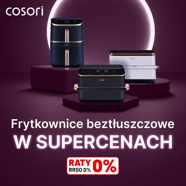 Trzy frytkownice beztłuszczowe w kolorach czarnym, granatowym i białym ustawione na ciemnofioletowych podestach, z logo 