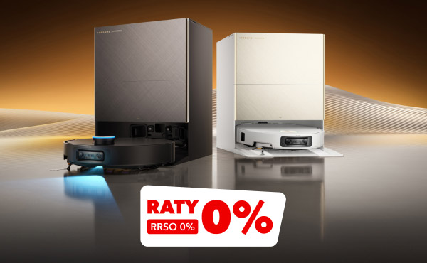 Dwa roboty sprzątające z bazami, jeden w kolorze czarnym, a drugi w białym, ustawione na błyszczącej powierzchni z gradientowym, pomarańczowym tłem. W dolnej części widnieje napis: Raty 0%, RRSO 0%.