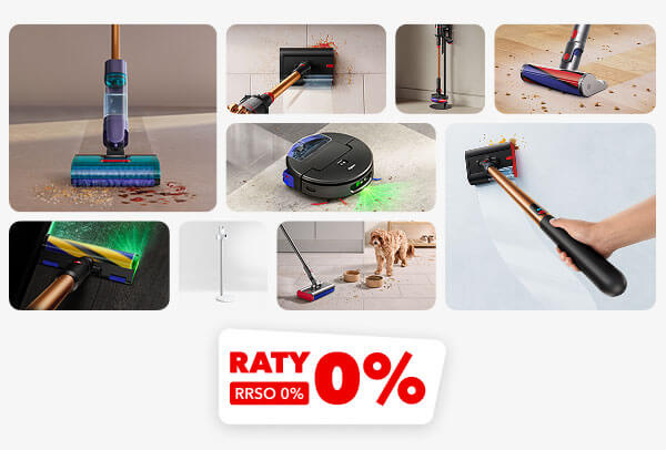 Na zdjęciu znajduje się zestaw obrazów przedstawiających różne odkurzacze w akcji, w tym odkurzacz pionowy, robot sprzątający oraz odkurzacz ręczny, które usuwają różne rodzaje zabrudzeń z podłóg. Na dole zdjęcia widnieje napis RATY 0% RRSO 0%.