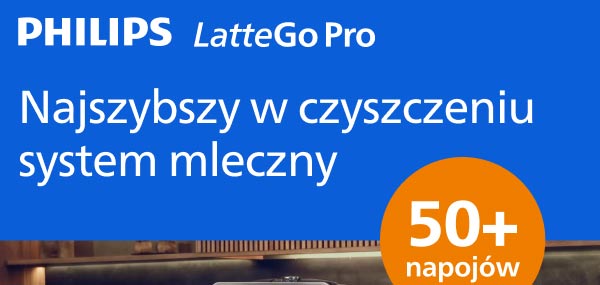 Niebieskie tło z białym napisem: PHILIPS LatteGo Pro Najszybszy w czyszczeniu system mleczny. Pomarańczowe koło z białym napisem: 50+ napojów.