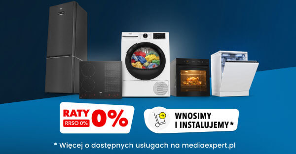 Na niebieskim tle znajduje się zestaw sprzętów AGD, w tym lodówka, płyta indukcyjna, pralka, piekarnik i zmywarka. Na dole widnieją napisy: RATY 0% RRSO 0% oraz WNOSIMY I INSTALUJEMY*, a także informacja * Więcej o dostępnych usługach na mediaexpert.pl.