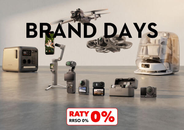 Na szarym tle znajdują się różne urządzenia elektroniczne, w tym drony, kamera, gimbal z telefonem oraz stacja zasilania. Na górze widnieje napis BRAND DAYS, a na dole w czerwonym polu tekst RATY 0%, RRSO 0%.