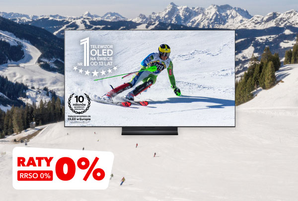 Na zdjęciu widać telewizor wyświetlający obraz narciarza zjeżdżającego po ośnieżonym stoku, z tekstem: Nr 1 telewizor OLED na świecie od 13 lat oraz 10 milionów sprzedanych OLED w Europie. W lewym dolnym rogu znajduje się czerwony napis RATY 0%, a poniżej RRSO 0%.