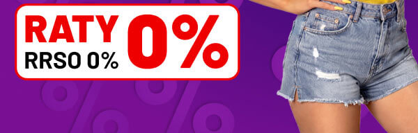 Na fioletowym tle z wzorem procentów znajduje się biały prostokąt z czerwonym napisem RATY 0% oraz czarnym tekstem RRSO 0%. Obok widoczna jest kobieta w żółtej koszulce i dżinsowych szortach.