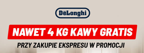 Na jasnym tle znajduje się logo DeLonghi. Poniżej widnieje napis na czerwonym tle: Nawet 4 kg kawy gratis, a pod nim mniejszymi literami: Przy zakupie ekspresu w promocji.
