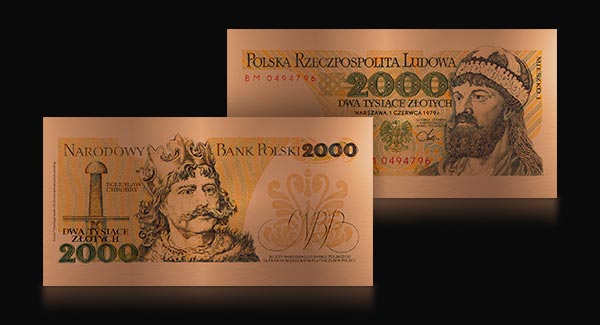 Replika banknotu PRL 2000 zł w miedzi