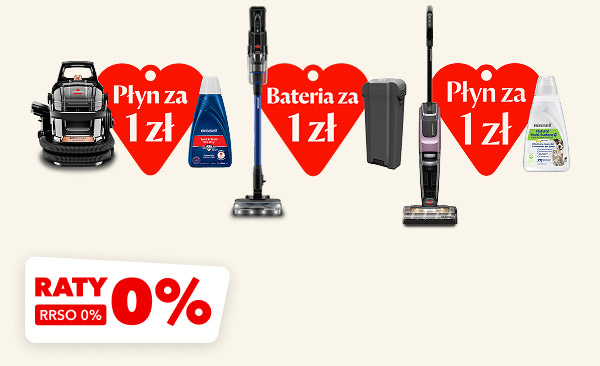 Na obrazie znajdują się trzy odkurzacze, przy których widoczne są czerwone etykiety w kształcie serca z napisami: Płyn za 1 zł oraz Bateria za 1 zł. W lewym dolnym rogu znajduje się biały prostokąt z czerwonym napisem RATY 0% RRSO 0%.