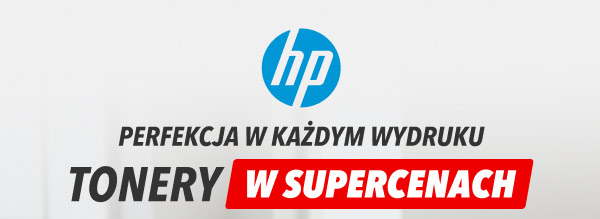 Logo HP w kolorze niebieskim znajduje się nad tekstem PERFEKCJA W KAŻDYM WYDRUKU. Poniżej widnieje napis TONERY W SUPERCENACH z wyróżnionym czerwonym tłem dla słów W SUPERCENACH.