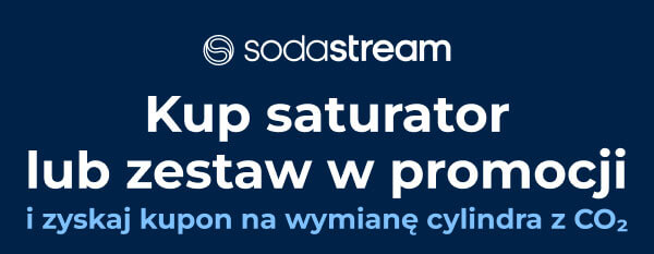 Logo sodastream umieszczone jest na górze na ciemnoniebieskim tle. Tekst: Kup saturator lub zestaw w promocji i zyskaj kupon na wymianę cylindra z CO2.