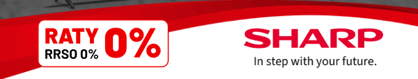 Napis: Raty 0% RRSO 0% oraz logo Sharp z hasłem: In step with your future.