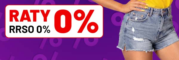 Fioletowe tło z białymi symbolami procentów, na którym znajduje się biały prostokąt z czerwonym napisem RATY 0% oraz czarnym tekstem RRSO 0%.