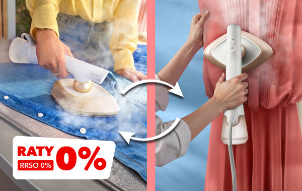 Osoba używa urządzenia do prasowania parowego na niebieskim materiale, a obok inna osoba prasuje różową tkaninę w pionie. Na dole znajduje się napis RATY 0% RRSO 0%.