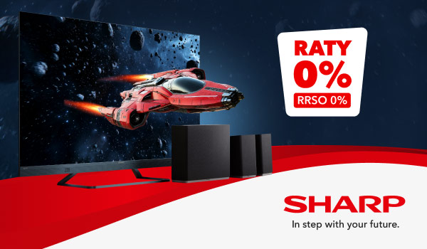 Duży ekran telewizora, na którym wyświetlany jest obraz kosmicznego statku na tle asteroid. Obok znajduje się napis: Raty 0% RRSO 0%, a poniżej logo Sharp z hasłem: In step with your future.