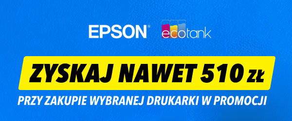 Niebieskie tło z logo Epson oraz ecotank na górze. Poniżej znajduje się żółty prostokąt z czarnym napisem: Zyskaj nawet 510 zł, a pod nim biały tekst: przy zakupie wybranej drukarki w promocji.