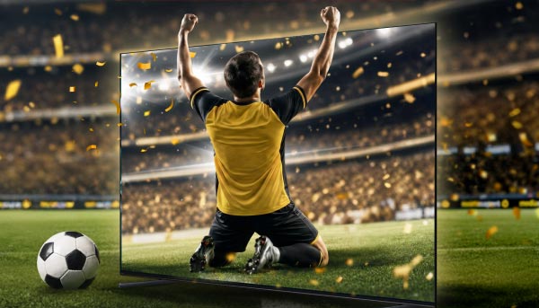 Telewizor wyświetla obraz piłkarza w żółtej koszulce, klęczącego na murawie stadionu z uniesionymi rękami, otoczonego konfetti. Obok telewizora znajduje się piłka nożna na tle rozmytej publiczności na trybunach.