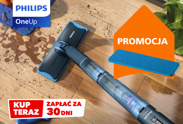 Odkurzacz bezprzewodowy z niebieskimi akcentami leży na drewnianej podłodze z widocznymi plamami, obok znajduje się pomarańczowy kształt z napisem PROMOCJA. W lewym dolnym rogu widnieje czerwony prostokąt z białym napisem KUP TERAZ ZAPŁAĆ ZA 30 DNI, a w górnym lewym rogu logo PHILIPS OneUp.