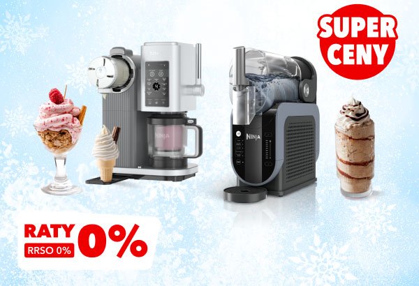 Dwa urządzenia kuchenne stoją obok siebie na tle z motywem śnieżnym, z deserami lodowymi po obu stronach. Czerwony napis: Super ceny w prawym górnym rogu oraz: Raty 0% RRSO 0% w lewym dolnym rogu.