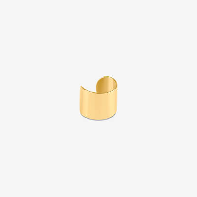 Minimal polished gold cuff ring jewellery with open curved design on white background