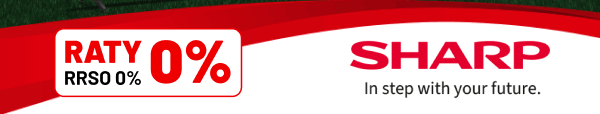 Napis: Raty 0% RRSO 0% oraz logo Sharp z hasłem: In step with your future.