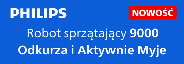Logo Philips oraz tekst: Nowość. Robot sprzątający 9000 Odkurza i Aktywnie Myje.
