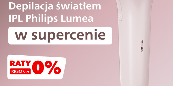 Depilator IPL marki Philips Lumea na różowym tle z napisem: Depilacja światłem IPL Philips Lumea w supercenie. Dodatkowo widoczna informacja o ratach 0% RRSO 0%.