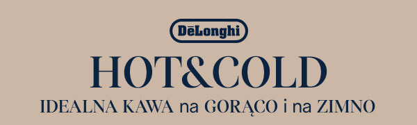 Logo DeLonghi umieszczone jest nad dużym napisem HOT&COLD. Poniżej znajduje się tekst IDEALNA KAWA na GORĄCO i na ZIMNO na beżowym tle.