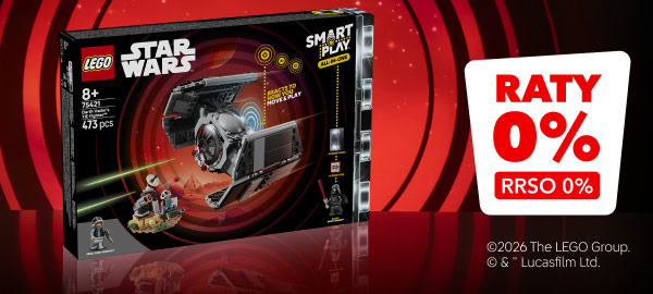 Pudełko klocków LEGO® z serii Star Wars, zawierające 473 elementy, przeznaczone dla osób od 8 roku życia. Obok pudełka widnieje napis: Raty 0% RRSO 0% na czerwonym tle.
