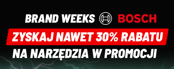 Brand Weeks Bosch zyskaj nawet 30% rabatu na narzędzia w promocji. Tło jest ciemne z delikatnymi wzorami przypominającymi błyskawice.