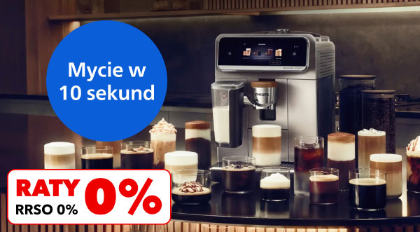 Ekspres do kawy otoczony różnorodnymi filiżankami z napojami kawowymi stoi na blacie. Na niebieskim okręgu widnieje napis Mycie w 10 sekund, a w dolnym rogu znajduje się czerwony prostokąt z tekstem RATY 0% RRSO 0%.