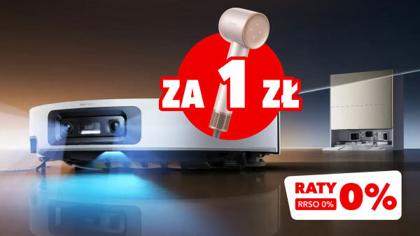 Na zdjęciu znajduje się odkurzacz automatyczny z niebieskim podświetleniem, a obok niego widoczna jest stacja dokująca. Na czerwonym okręgu umieszczono napis ZA 1 ZŁ, a w dolnym rogu znajduje się informacja RATY RRSO 0%.