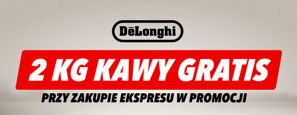 Na obrazie znajduje się logo DeLonghi oraz duży napis 2 KG KAWY GRATIS na czerwonym tle. Poniżej widnieje tekst PRZY ZAKUPIE EKSPRESU W PROMOCJI.
