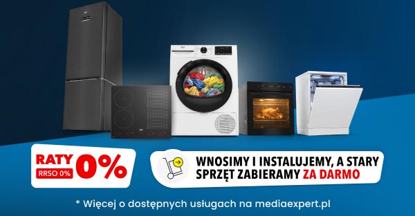 Na niebieskim tle znajduje się zestaw sprzętów AGD, w tym lodówka, płyta indukcyjna, pralka, piekarnik i zmywarka. Na dole widnieją napisy: RATY 0% RRSO 0% oraz WNOSIMY I INSTALUJEMY*, a także informacja * Więcej o dostępnych usługach na mediaexpert.pl.