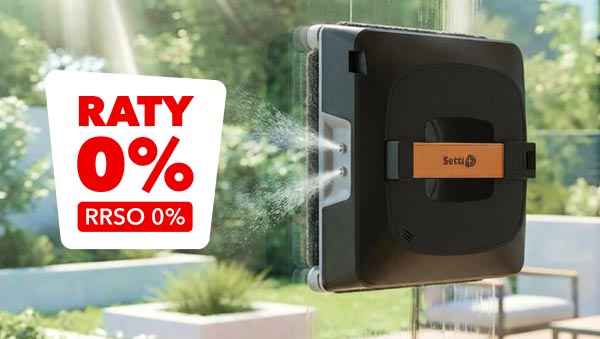 Na zdjęciu widoczny jest robot myjący okna, który spryskuje szybę wodą, a w tle znajduje się ogród z roślinnością. Po lewej stronie obrazu znajduje się czerwony napis na białym tle: RATY 0% RRSO 0%.