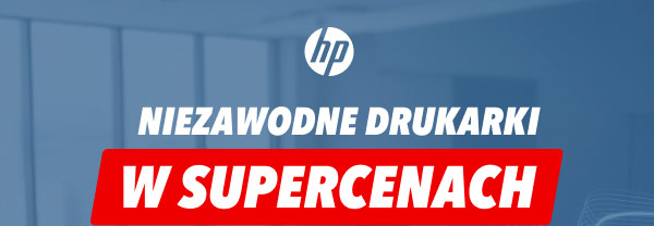 Logo HP umieszczone nad tekstem: Niezawodne drukarki w supercenach.