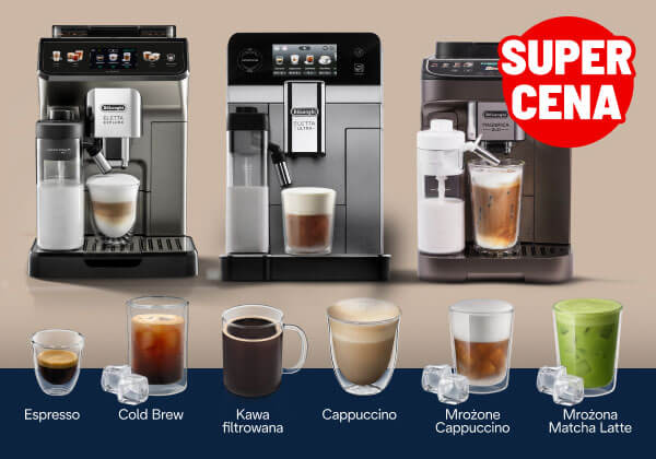 Trzy ekspresy do kawy ustawione obok siebie, każdy z filiżanką lub szklanką z różnymi napojami kawowymi. Na dole widoczne są napisy: Espresso, Cold Brew, Kawa filtrowana, Cappuccino, Mrożone Cappuccino, Mrożona Matcha Latte, a w prawym górnym rogu czerwone koło z napisem SUPER CENA.