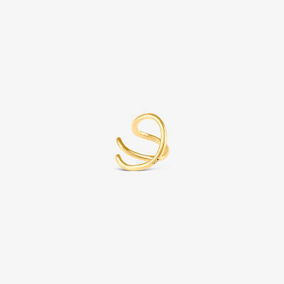 Gold minimalist spiral ear cuff on white background, open-design fashion jewellery piece