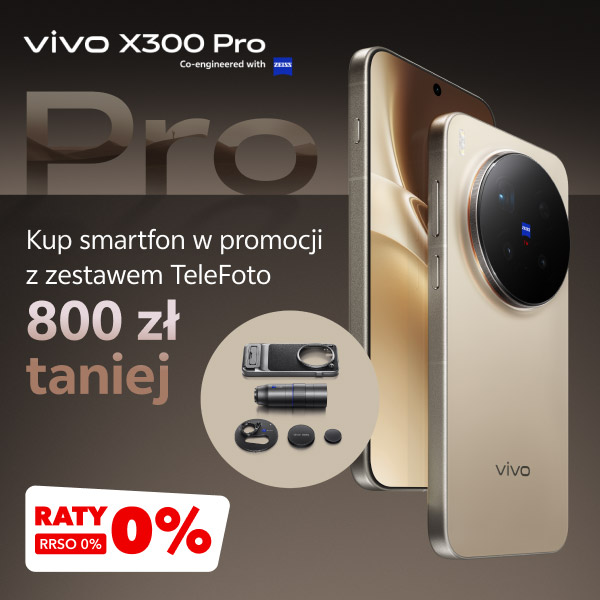 Smartfon z dużym obiektywem oraz tekst: Vivo X300 Pro Co-engineered with ZEISS, Kup smartfon w promocji z zestawem TeleFoto 800 zł taniej. W dolnej części znajduje się napis: Raty 0% RRSO 0% na czerwonym tle oraz ilustracja zestawu TeleFoto.