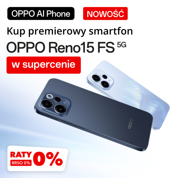 Dwa smartfony z logo Oppo na obudowie, z trzema aparatami z tyłu. Na górze widnieje tekst: Oppo AI Phone Nowość. Kup premierowy smartfon Oppo Reno15 FS 5G w supercenie, a na dole znajduje się napis: Raty 0% RRSO 0%.