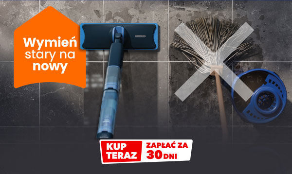 Na zdjęciu znajduje się mop z niebieskimi elementami oraz miotła z dużym białym krzyżem na tle ciemnych płytek. Po lewej stronie widnieje pomarańczowy kształt z napisem Wymień stary na nowy, a na dole znajduje się czerwony prostokąt z tekstem KUP TERAZ ZAPŁAĆ ZA 30 DNI.