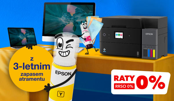 Drukarka z kolorowymi pojemnikami na atrament oraz dwa urządzenia elektroniczne z wyświetlaczami, ustawione na żółtym biurku. Obok widnieje żółte koło z napisem: z 3-letnim zapasem atramentu oraz czerwony prostokąt z napisem: Raty 0% RRSO 0%.