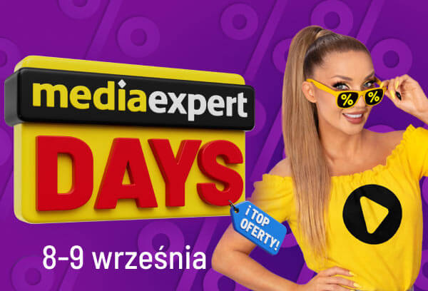 Fioletowe tło z logo media expert oraz dużym napisem DAYS w kolorze czerwonym. Na dole widnieje tekst 8-9 września, a obok znajduje się niebieski znaczek z napisem i top oferty.